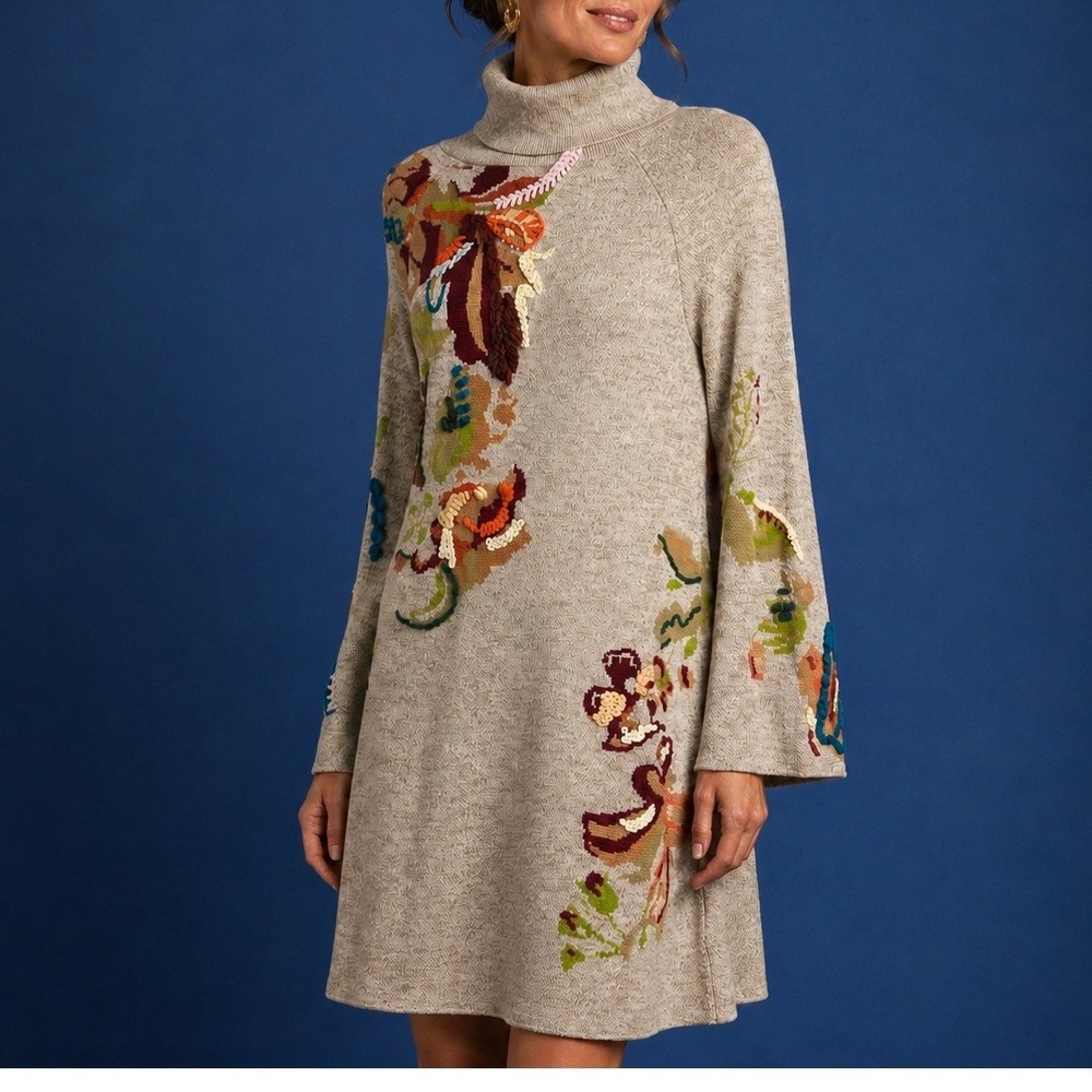 Knitted & Knotted Anthropologie Floral Embroidery Sequin Sweater Dress Beige Sm